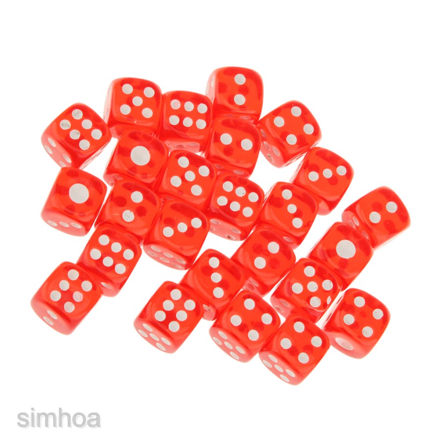 Bộ 25 viên xúc xắc 6 mặt bán trong suốt kích thước 12x12x12mm bằng acrylic dùng để chơi game RPG trong các bữa tiệc