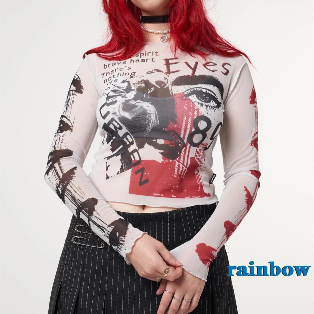RAINBOW-Y2K E-girl Graphic Print Mesh Crop Top Harajuku Grunge Long Sleeve See Through Tees Gothic Mall Goth Crop Top