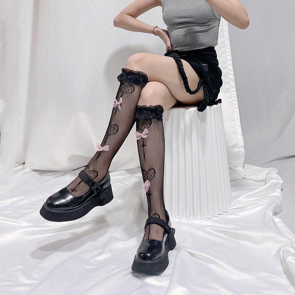 Vớ Cao Ngang Bắp Chân Bằng Nylon Đính Nơ Họa Tiết Kẹo Mút Jacquard Lolita Dễ Thương Cho Nữ
