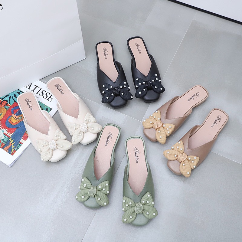 Giày sục nữ nhựa mềm nơ đính ngọc 3 màu cực đẹp