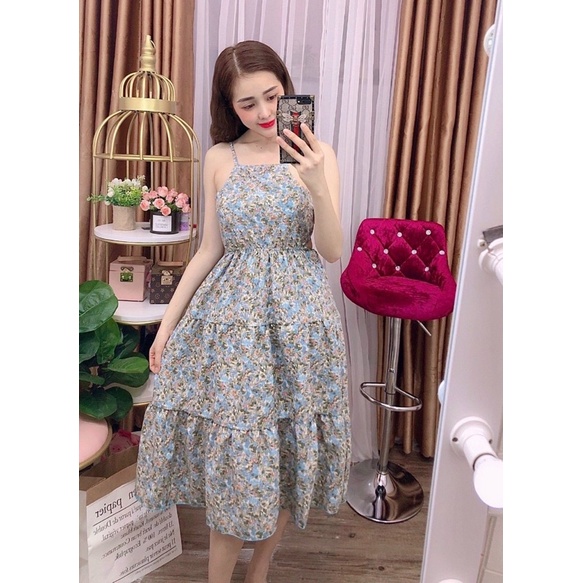 Đầm hoa cổ yếm cột nơ sau lưng có mút kèm hình thật.