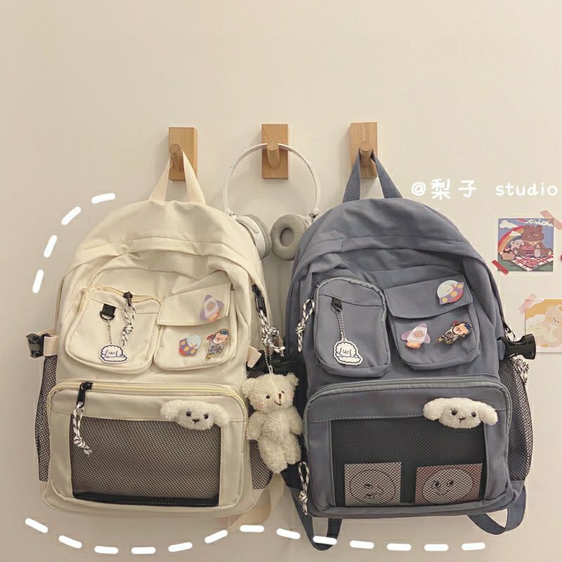 Ba lô ulzzang vải đi học. balo nữ vải. balo 2 túi lưới trơn