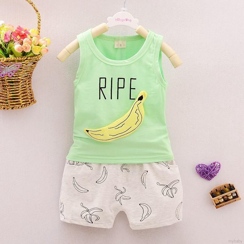 Bộ Đồ 2 Món Áo Ba Lỗ + Quần Short Vải Cotton In Hình Chuối Thời Trang Mùa Hè Cho Bé Trai