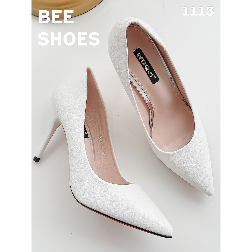 BEESHOES - GIÀY CAO GÓT NỮ MŨI NHỌN GÓT NHỌN TRƠN - GIÀY CAO GÓT NỮ MŨI NHỌN GÓT NHỌN CAO 9 PHÂN SẴN MÀU TRẮNG 201113