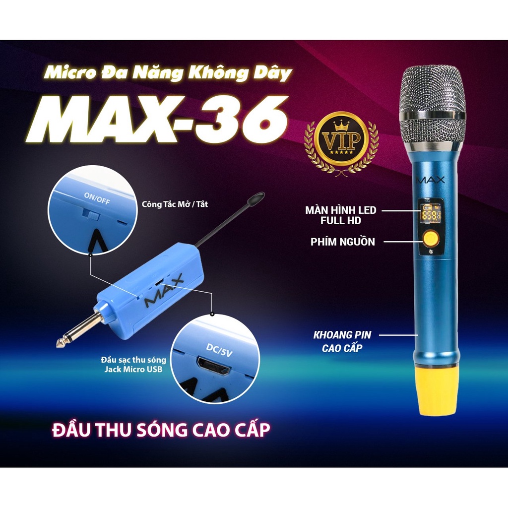 Bộ 2 miccro hát karaoke không dây UHF MAX 56 tích hợp sạc pin, cho chất lượng âm thanh trung thực bảo hành 12 tháng