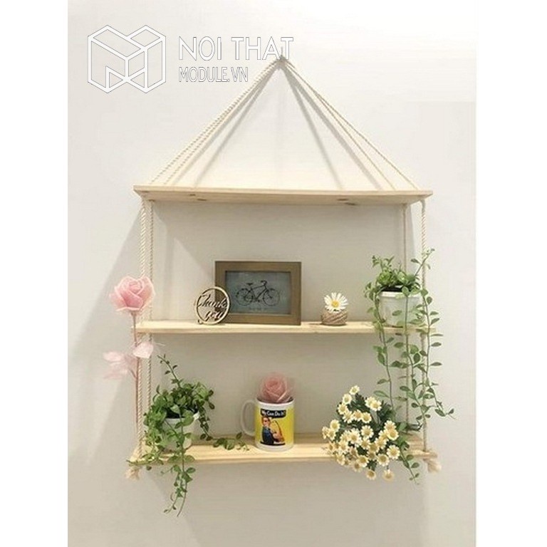 Kệ decor dây thừng treo cây cảnh, đồ trang trí đẹp gỗ thông tự nhiên.