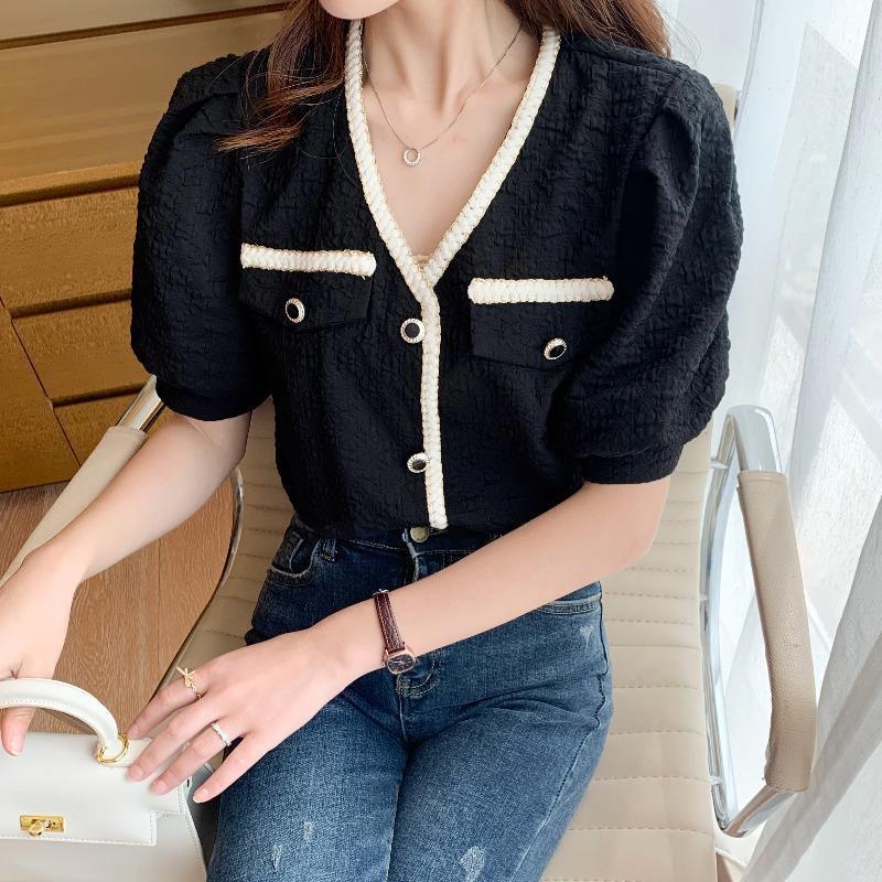 Áo Sơ Mi Voan Mỏng Tay Phồng Ngắn Cổ Chữ V Thời Trang Mùa Hè Kiểu Pháp Thiết Kế Mới Dành Cho Nữ 2023