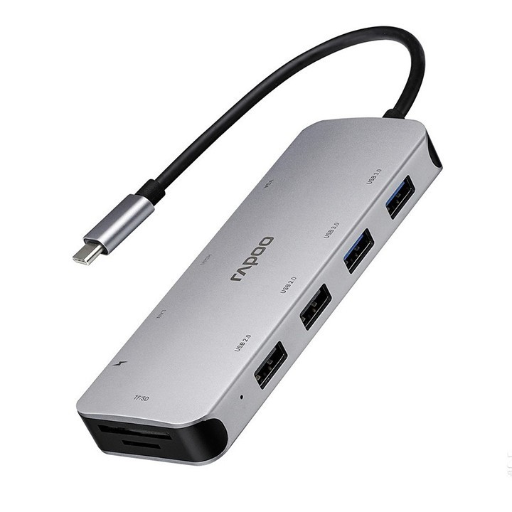 Hub Type C to HDMI 4K/VGA/ 2 USB 3.0/ 2 USB 2.0/ RJ45/ TF/Micro SD/SD/MMC (10 in 1) RAPOO XD200C - Hàng Chính Hãng