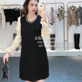 váy suông tay bo dài tay phối tay trắng kèm dây xích màu đen điệu đà