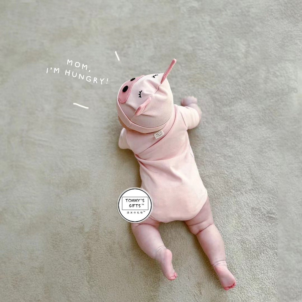 Bộ Áo Liền Quần Tay Ngắn + Mũ Hình Chú Heo Hồng Dễ Thương Thời Trang Mùa Hè Cho Bé Sơ Sinh