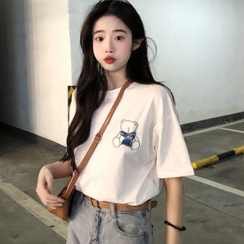 Áo Thun Ngắn Tay Dáng Rộng In Hình Gấu Thời Trang Hàn Quốc Cá Tính