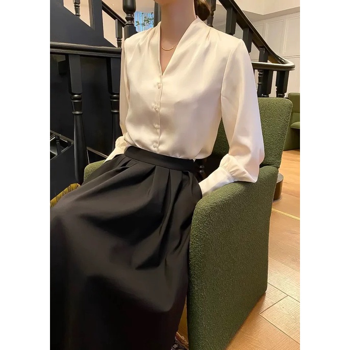 Áo sơ mi nữ SEFA chất liệu lua, tay bồng cổ V cao cấp SFA2226