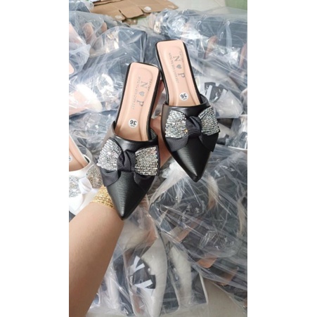 Dép Sục Bệt Đính Nơ Kim Tuyến Nữ Mũi Nhọn Cao 3 Phân ( ảnh chụp thật)