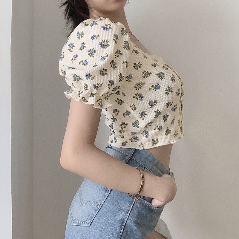 Áo kiểu crop top NZN tay ngắn phồng cổ vuông in họa tiết hoa phong cách Hàn Quốc cổ điển thời trang dành cho nữ