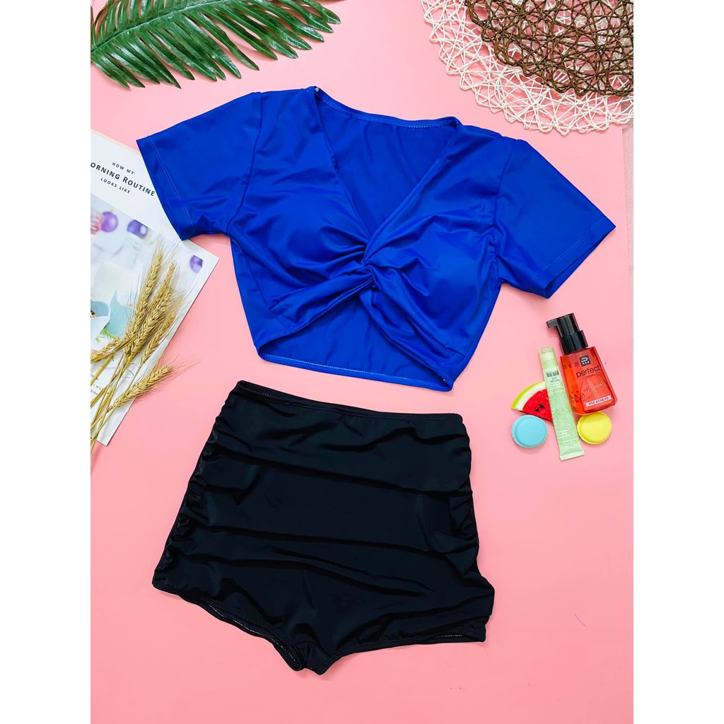 Bikini áo tắm 2 mảnh ngắn tay chun ngực quần đùi cạp cao nhiều màu | BigBuy360 - bigbuy360.vn