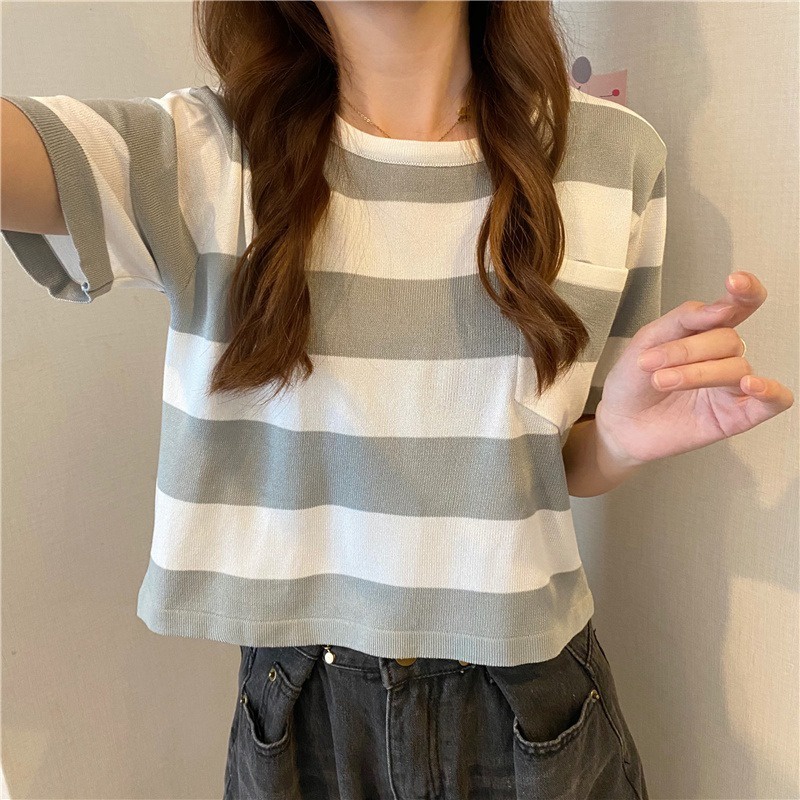 Áo thun dệt kim ZHELIHANGFEI ngắn tay họa tiết kẻ sọc trẻ trung cá tính