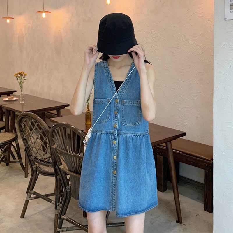 Đầm yếm denim cổ chữ V thời trang Hàn Quốc