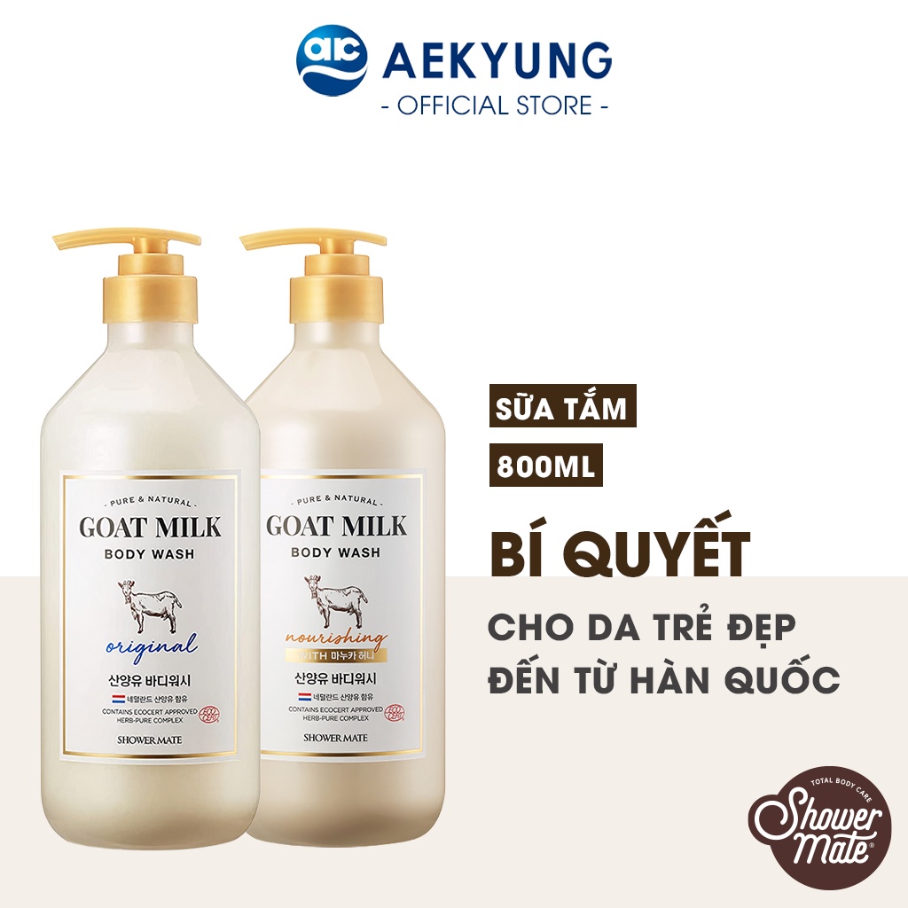 Sữa tắm dê giảm mụn lưng Shower Mate Goat Milk hỗ trợ trắng da, giảm viêm lỗ chân lông, chống lão hoá 800ml