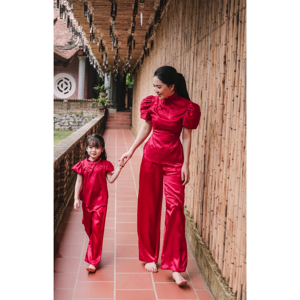 Đồ Lam Đi Chùa Bé - Bộ Đôi Mẹ & Bé Đ Lễ Chùa Vải Lụa Gấm Nổi Cao Cấp Hồng Kông Tay Phồng BÉ AL028