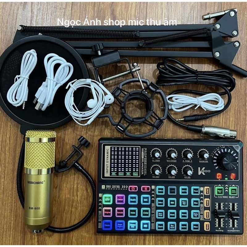 Bộ Mic thu âm, Mic livestream sound card K300 & BM900 hát cực hay, có bluetooth, chế độ giả giọng, bảo hành 1 năm