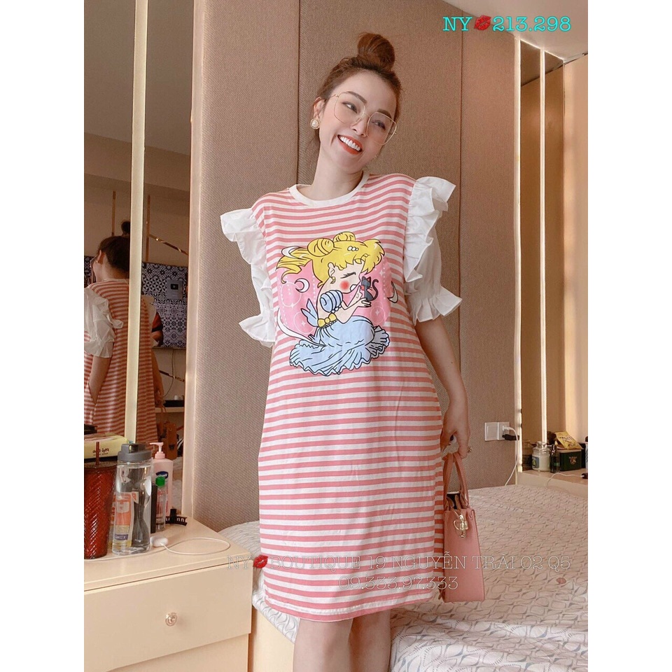 [8.8 Sales Freeship] Đầm tiểu thư,đầm kẻ sọc hồng in hình công chúa phối tay trắng bèo chất thun gân cực cute, dễ dương