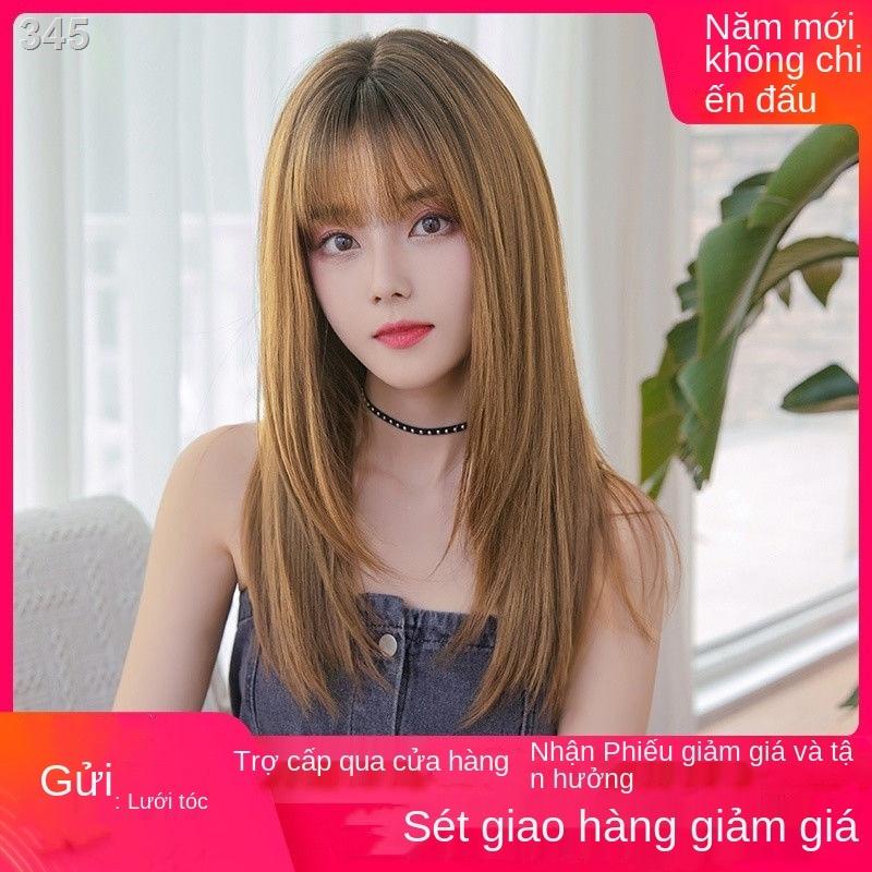 【giá rẻ】Tóc giả nữ dài tự nhiên đầy đủ vật đội đầu sống động như thật thẳng mái bằng không khí kiểu mới che lưới màu đỏ
