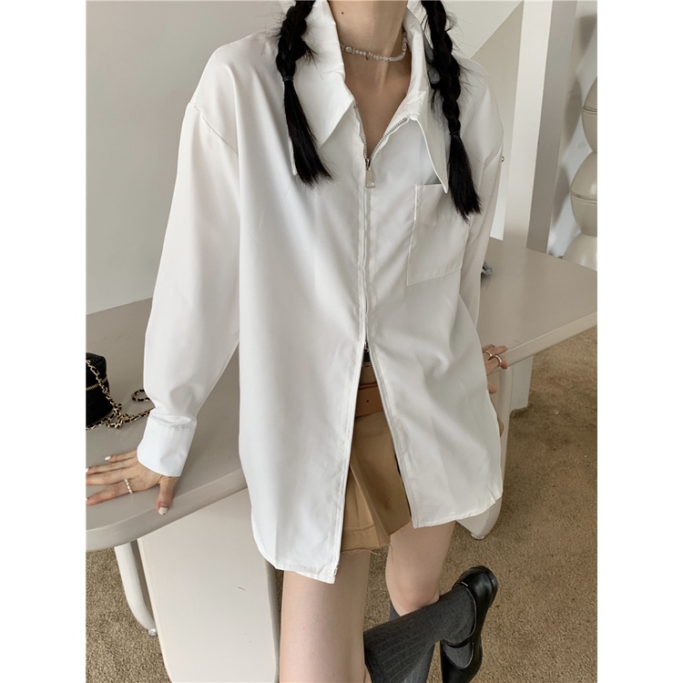 Áo Sơ Mi Tay Dài Có Khóa Kéo Đôi Dáng Rộng Màu Trơn Thời Trang Hàn Quốc Cổ Điển Dành Cho Bạn Nữ