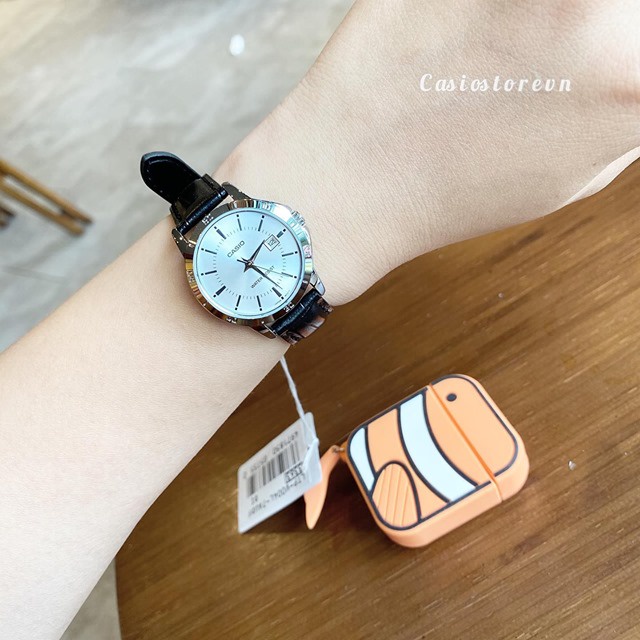Đồng hồ Nữ Casio LTP-V004L-7AUDF, đồng hồ chính hãng, dây da đen mặt trắng