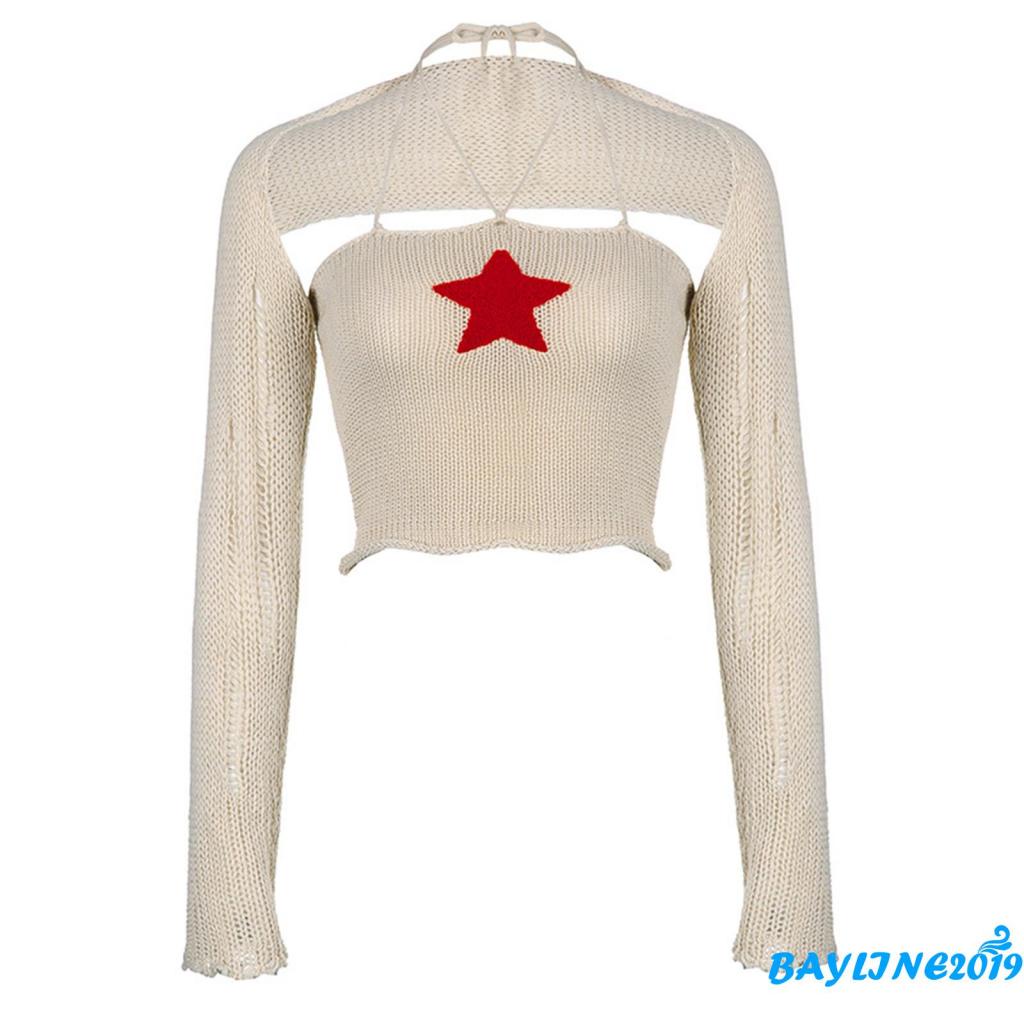 Set Áo Lửng Dài Tay + Áo Hai Dây Dệt Kim Họa Tiết Ngôi Sao Thời Trang Dành Cho Nữ