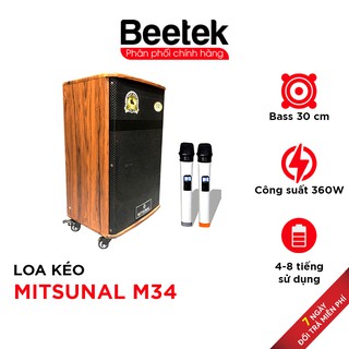 Loa Kéo Mitsunal M34 Bass 30, Tặng kèm 2 Mic, 4-8h xử dụng liên tục, Công suất đỉnh 360W