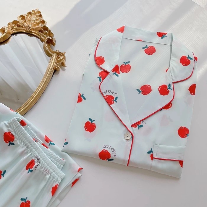 Bộ đồ ngủ mặc nhà red apple pijama lụa satin cao cấp chất mát hot trend hè 2021 | BigBuy360 - bigbuy360.vn