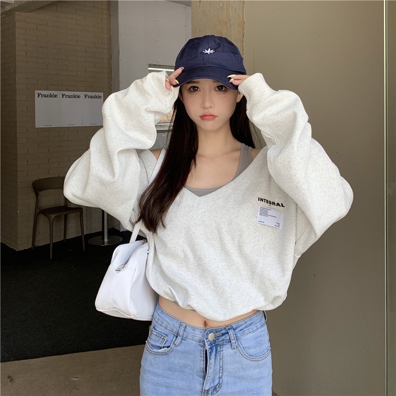 COZOK Áo sweater tay dài dáng rộng giả hai lớp thời trang Hàn Quốc