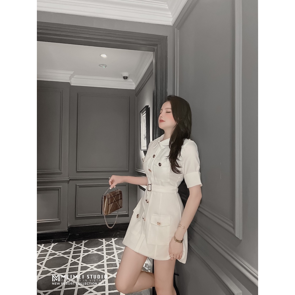 Đầm Kilian kaki khuy đồng - Dáng mini cộc tay cổ sơ mi có dây thắt eo | XHV04 | Meimei Studio