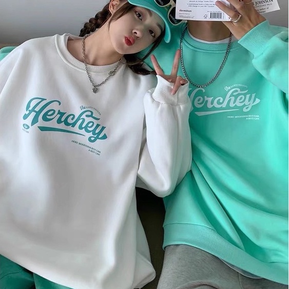 Áo Sweater cổ tròn lót nhung in chữ thời trang Hàn Quốc cho cặp đôi