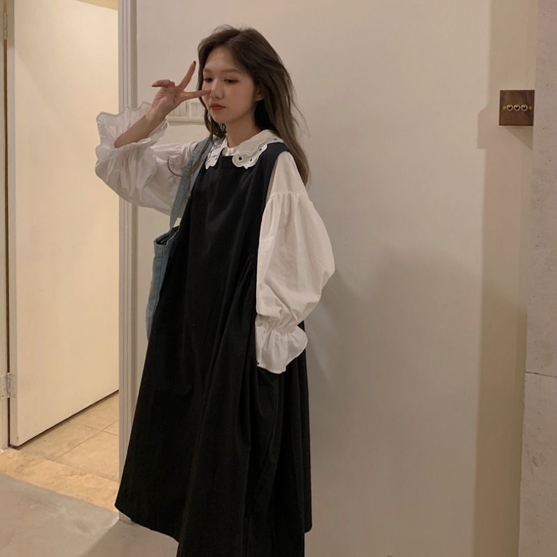 Set đầm không tay dáng rộng + áo sơ mi thời trang Hàn Quốc xinh xắn