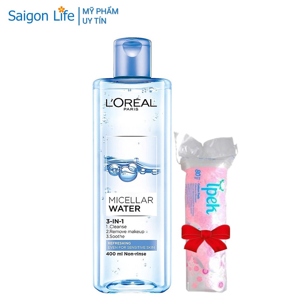 [Tặng Bông] Nước Tẩy Trang Tươi Mát, Giảm Nhờn, Ngừa Mụn L'Oreal Paris 3-in-1 Refreshing Micellar Water 400ml(Xanh Nhạt)