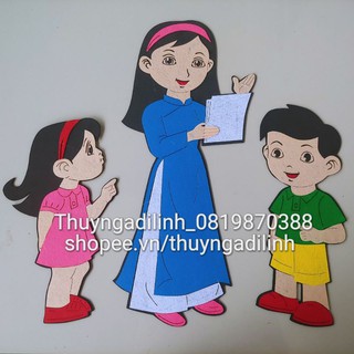 Góc học tập, bé đến lớp (cô giáo học sinh) vải nỉ mầm non (cô giáo 48cm, bé trai 34cm, bé gái 31cm)