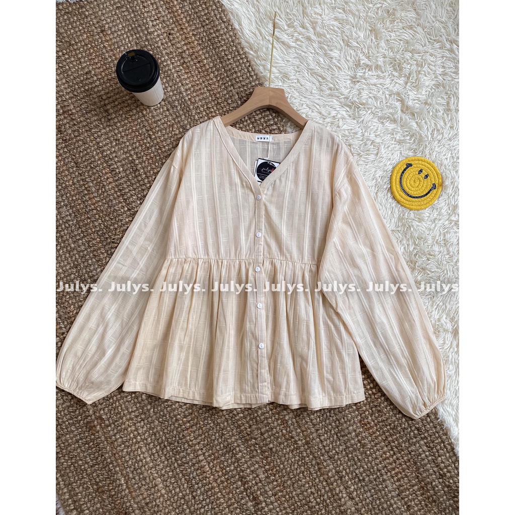 Áo babydoll kiểu cổ V chất thô sọc 2612 (ảnh thật Julys chụp kèm video)