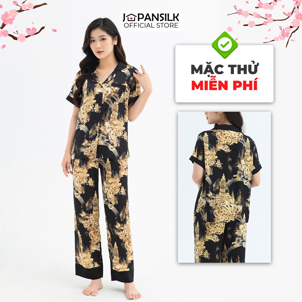 Bộ Đồ Ngủ Pijama Lụa Nhật Cao Cấp JAPAN SILK Tay Ngắn Quần Dài Họa Tiết Sang Trọng