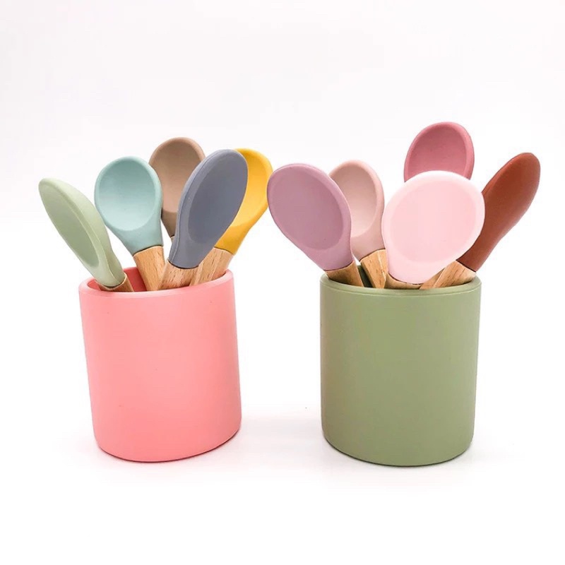 Thìa ăn dặm silicon cán gỗ cho bé, muỗng silicon