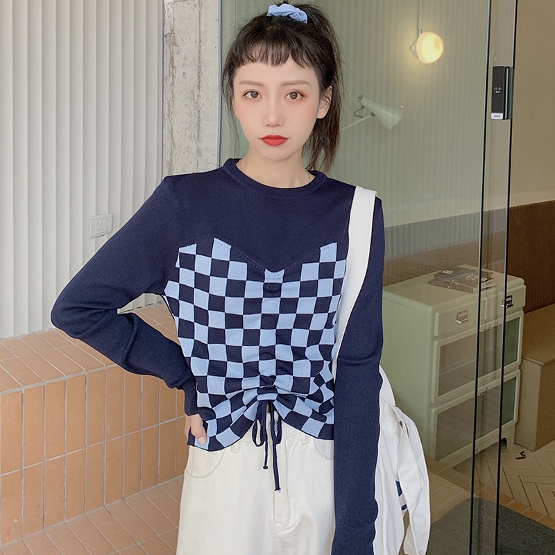 Áo croptop dệt kim tay dài dáng ôm phối dây rút trước họa tiết kẻ sọc thời trang mùa thu quyến rũ cho nữ