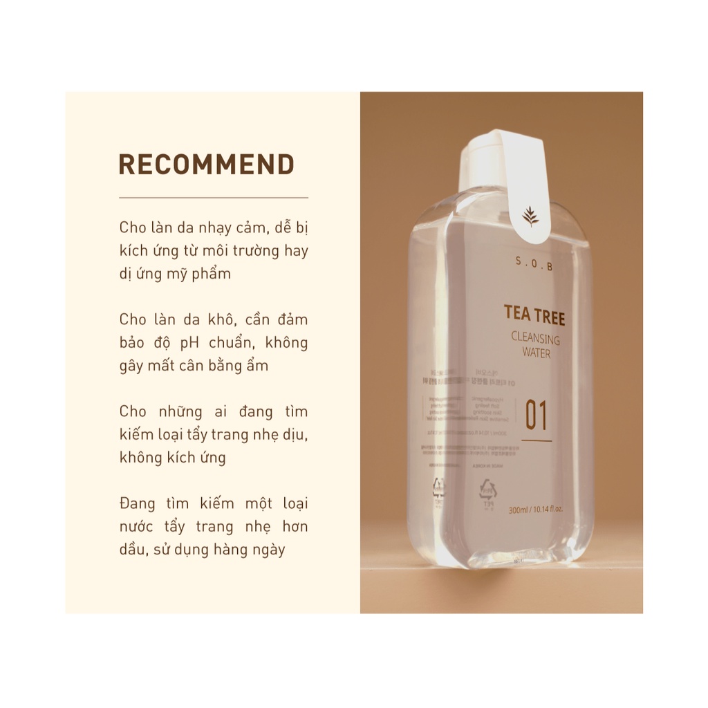 Nước Tẩy Trang Làm Sạch Và Giảm Mụn 01 S.O.B Tea Tree Cleansing Water 300ml