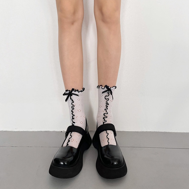 Xixi Vớ Ống Lửng Phối Bèo Và Nơ Họa Tiết Hoa Màu Tương Phản Phong Cách Lolita Ngọt Ngào Cho Nữ