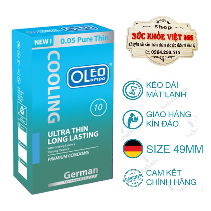 Bao Cao su Condom Oleo lampo Cooling siêu mỏng, mát lạnh bạc hà, kéo dài thời gian, cỡ size nhỏ 49mm ôm sát hộp 10 cái