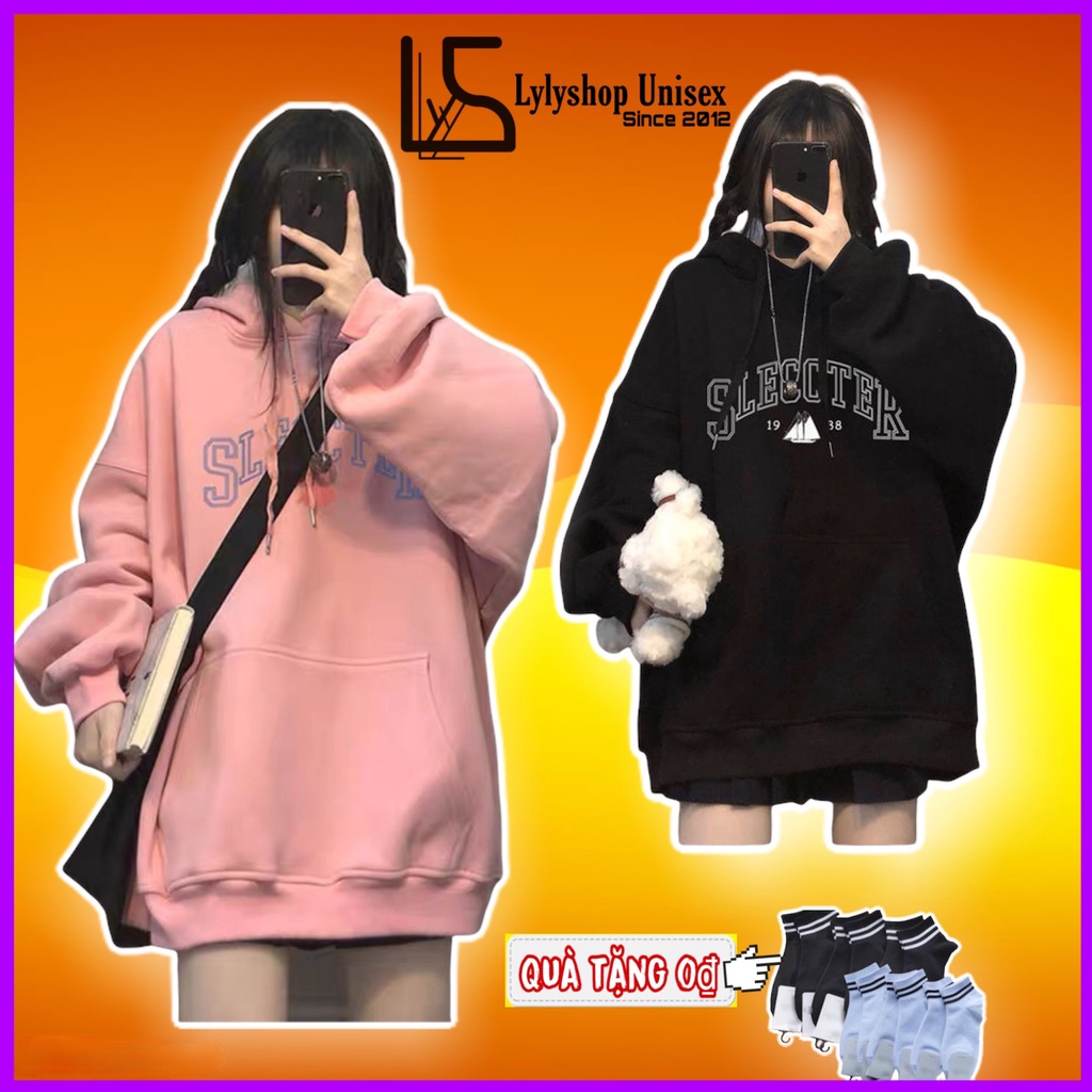 Áo hoodie Sleccte Lylyshop Unisex, kiểu áo nỉ có mũ oversize form siêu rộng chất nỉ cotton lót bông in hình