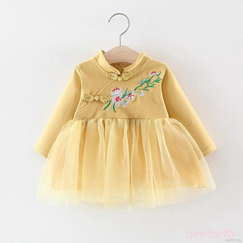 Váy dài tay thêu họa tiết phong cách Trung Hoa đáng yêu cho bé gái