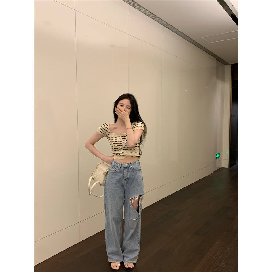 Cocory vn Áo Thun Dệt Kim Ngắn Tay Cổ Vuông Họa Tiết Kẻ Sọc Form Ôm Thời Trang Mùa Hè