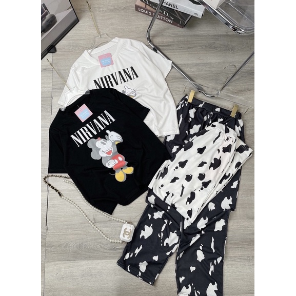 Bộ áo mickey quần dài bò sữa set áo mix quần ống rộng suông dài