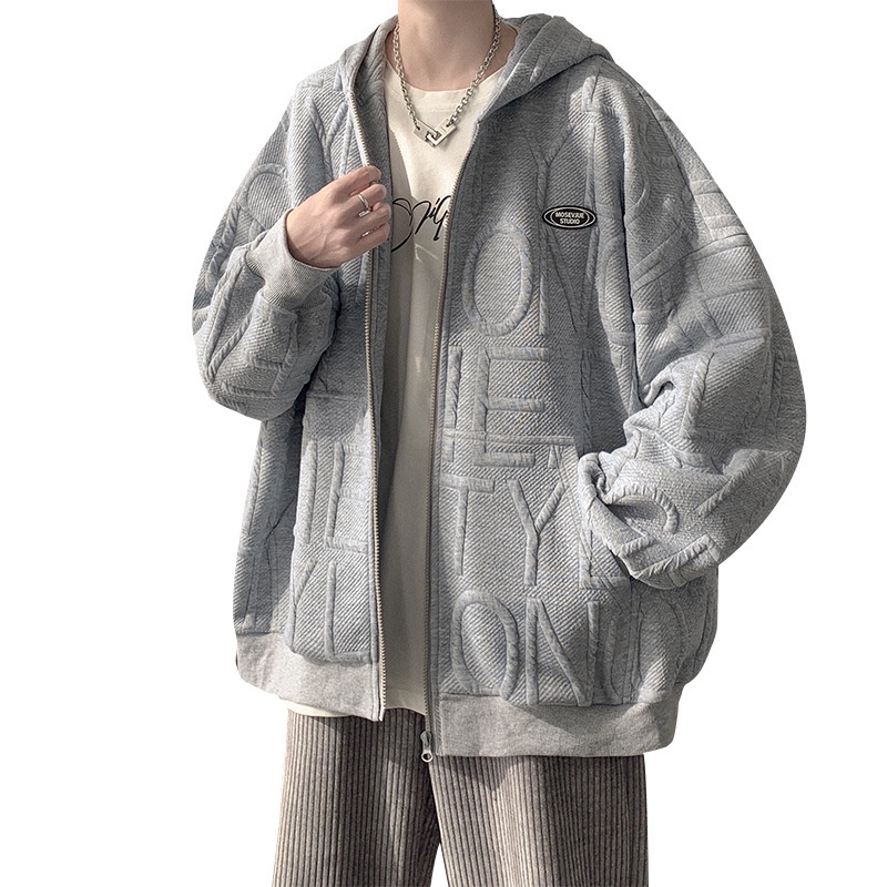 Áo khoác hoodie nỉ dáng rộng họa tiết chữ cái dập nổi chữ ba chiều thời trang cho nam