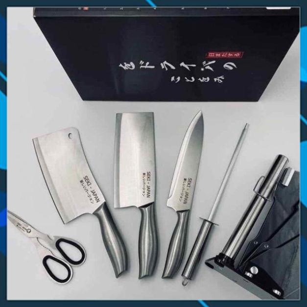 Bộ dao Nhật 6 món cao cấp chất liệu inox không rỉ kèm khay để dao,bảo hành 12 tháng